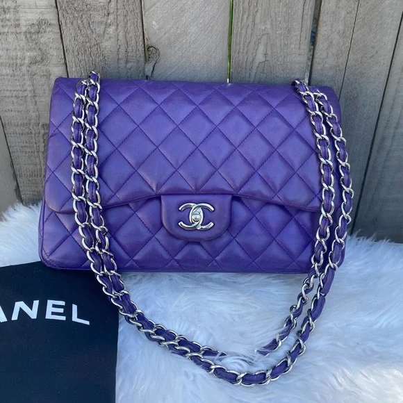 ⭐️JUMBO⭐️CHANEL classic Lambskin Jumbo double flap Lavender quilted silver chain - Picture 4 of 17